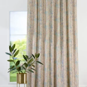Draperie Arezzo V2, model floral turcoaz, crem, bej și gri, cu accente metalice aurii
