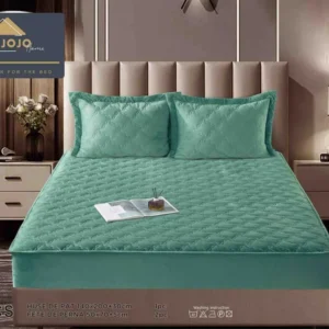 Husa matlasata tip topper din catifea, 140x200cm+2 fete de perna 50x70cm, Turcoaz