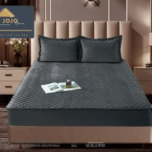 Husa matlasata tip topper din catifea, 180x200cm+2 fete de perna 50x70cm, Gri Inchis