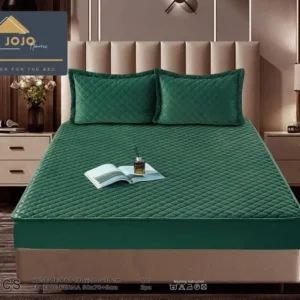 Husa matlasata tip topper din catifea, 180x200cm+2 fete de perna 50x70cm, Verde Smarald