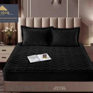 Husa matlasata tip topper din catifea, 140x200cm+2 fete de perna 50x70cm, Negru