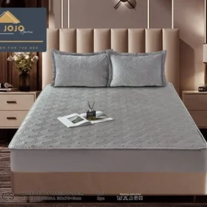 Husa matlasata tip topper din catifea, 180x200cm+2 fete de perna 50x70cm, Gri Deschis
