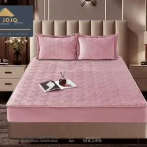 Husa matlasata tip topper din catifea, 180x200cm+2 fete de perna 50x70cm, Roz
