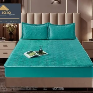 Husa matlasata tip topper din catifea, 180x200cm+2 fete de perna 50x70cm, Turcoaz
