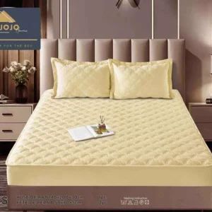 Husa matlasata tip topper din catifea, 140x200cm+2 fete de perna 50x70cm, Crem-C9586
