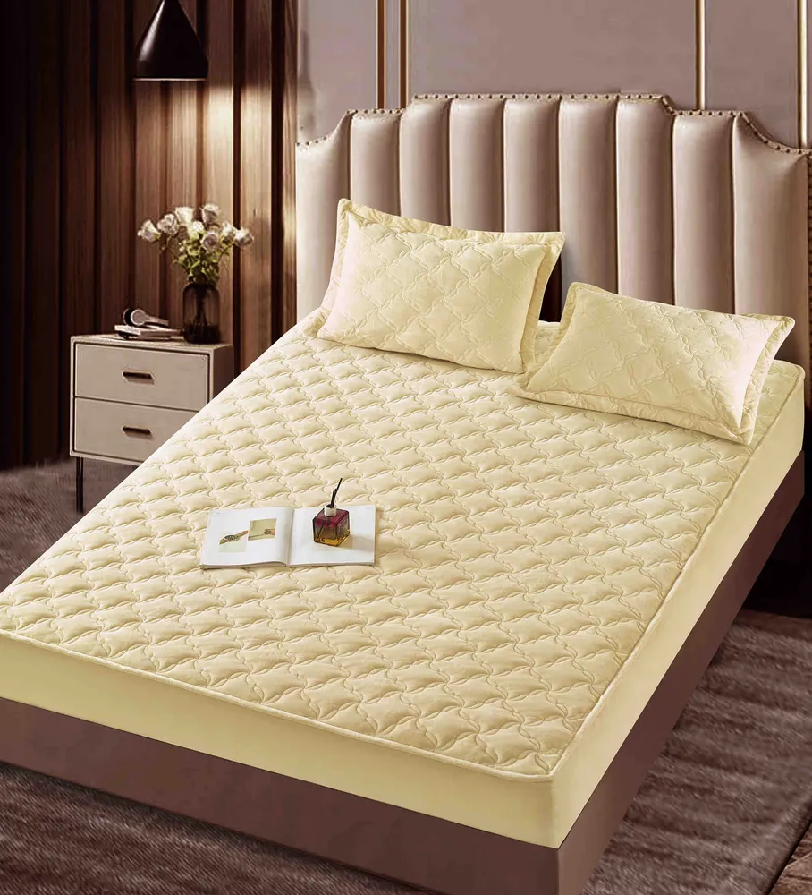 Husa matlasata tip topper din catifea, 140x200cm+2 fete de perna 50x70cm, Crem-C9586