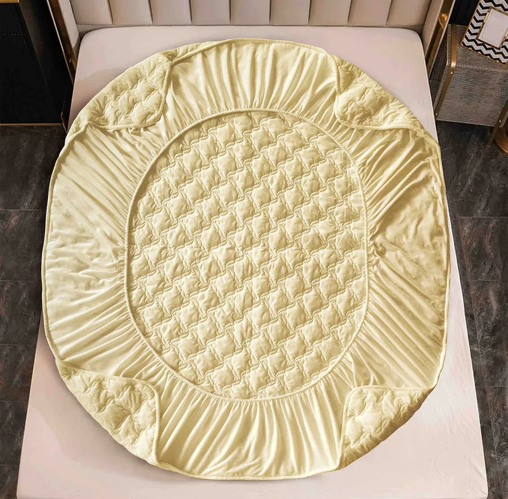 Husa matlasata tip topper din catifea, 140x200cm+2 fete de perna 50x70cm, Crem-C9586
