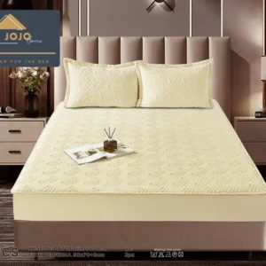 Husa matlasata tip topper din catifea,180x200cm+2 fete de perna 50x70cm, Crem