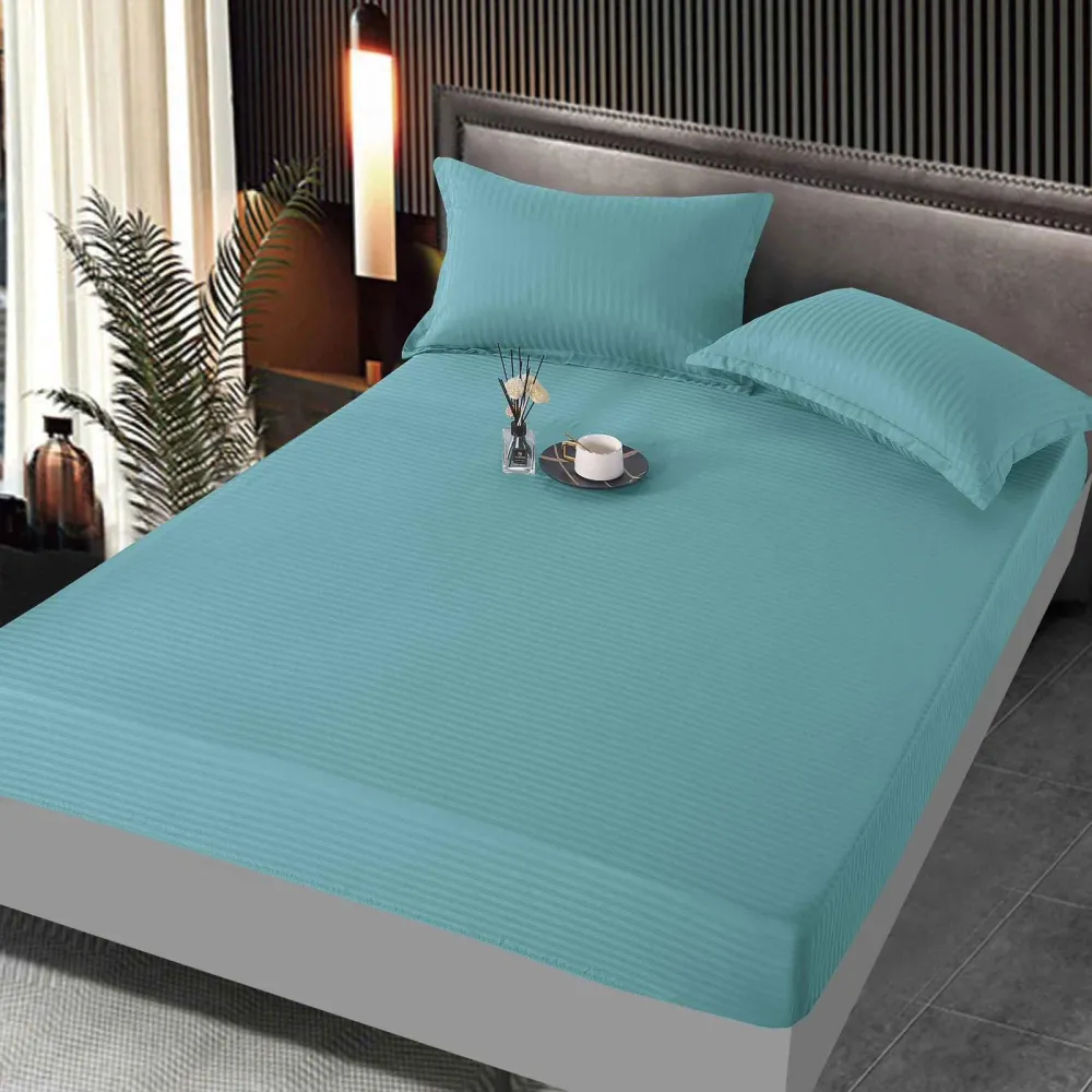 Husa de Pat cu Elastic din Bumbac Satinat Tip Damasc, 160x200cm+2 Fete de Perna, Bleu Pudra
