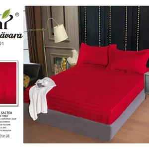 Husa de Pat cu Elastic din Damasc Finetat, 160x200cm+2 Fete de Perna, Rosu-P6767