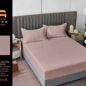 Husa de Pat cu Elastic din Damasc Finetat, 160x200cm+2 Fete de Perna, Pudra-M8205