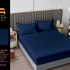 Husa de Pat cu Elastic din Damasc Finetat, 180x200cm+2 Fete de Perna, Bleumarin-M8224