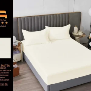 Husa de Pat cu Elastic din Damasc Finetat, 180x200cm+2 Fete de Perna, Crem-M8225
