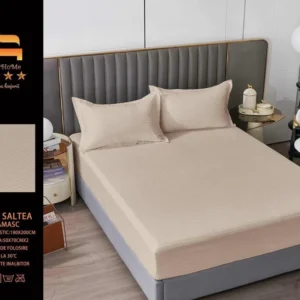 Husa de Pat cu Elastic din Damasc Finetat, 180x200cm+2 Fete de Perna, Bej-M8229