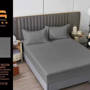 Husa de Pat cu Elastic din Damasc Finetat, 180x200cm+2 Fete de Perna, Gri Inchis-M8231