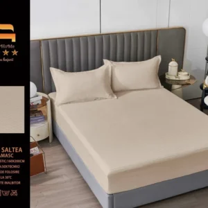 Husa de Pat cu Elastic din Damasc Finetat, 160x200cm+2 Fete de Perna, Bej Deschis-M8207