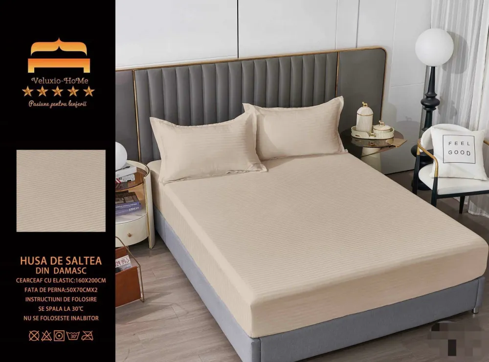 Husa de Pat cu Elastic din Damasc Finetat, 160x200cm+2 Fete de Perna, Bej Deschis-M8207