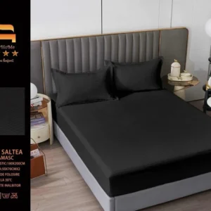 Husa de Pat cu Elastic din Damasc Finetat, 180x200cm+2 Fete de Perna, Negru-M8230