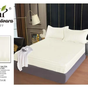 Husa de Pat cu Elastic din Damasc Finetat, 160x200cm+2 Fete de Perna, Crem-P7840