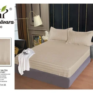Husa de Pat cu Elastic din Damasc Finetat, 160x200cm+2 Fete de Perna, Bej-P7853