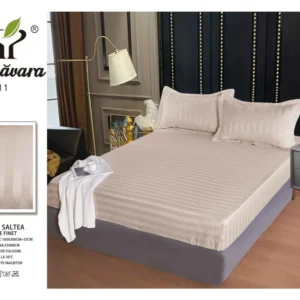 Husa de Pat cu Elastic din Damasc Finetat, 160x200cm+2 Fete de Perna, Bej-P7851