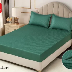 Husa de Pat cu Elastic din Damasc Finetat, 180x200cm+2 Fete de Perna, Verde-D8131