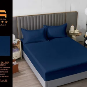 Husa de Pat cu Elastic din Damasc Finetat, 160x200cm+2 Fete de Perna, Bleumarin-M8200
