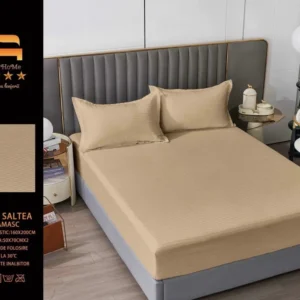 Husa de Pat cu Elastic din Damasc Finetat, 160x200cm+2 Fete de Perna, Bej Inchis-M8202