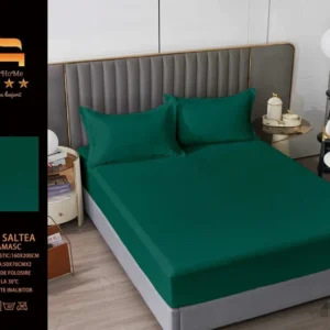 Husa de Pat cu Elastic din Damasc Finetat, 160x200cm+2 Fete de Perna, Verde-M8204