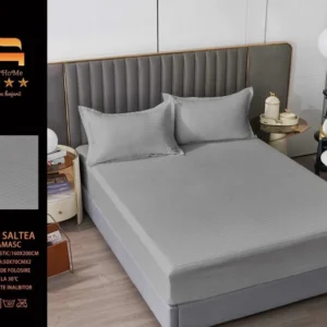 Husa de Pat cu Elastic din Damasc Finetat, 160x200cm+2 Fete de Perna, Gri Deschis-M8201