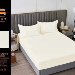 Husa de Pat cu Elastic din Damasc Finetat, 160x200cm+2 Fete de Perna, Crem-M8203