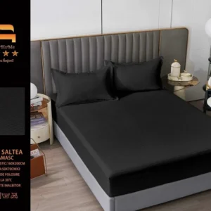 Husa de Pat cu Elastic din Damasc Finetat, 160x200cm+2 Fete de Perna, Negru-M8199