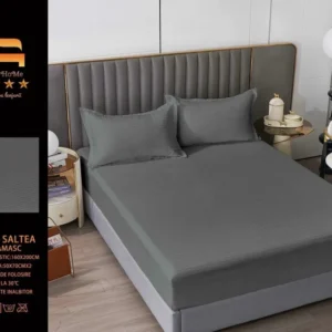 Husa de Pat cu Elastic din Damasc Finetat, 160x200cm+2 Fete de Perna, Gri Inchis-M8206