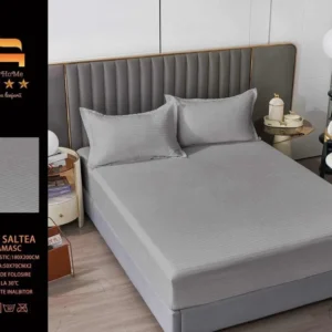 Husa de Pat cu Elastic din Damasc Finetat, 180x200cm+2 Fete de Perna, Gri Deschis-M8226