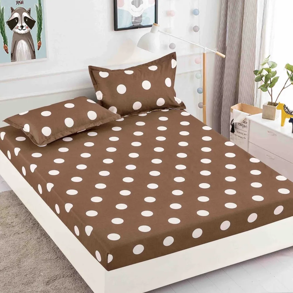 Husa de Pat cu Elastic, Din Finet, 180x200cm+2 Fete de perna, Maro/Buline-C5797