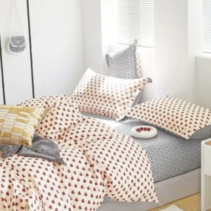 Lenjerie Bumbac 100%, 4 Piese, Pat Dublu, cu Elastic, Inimioare-P7866