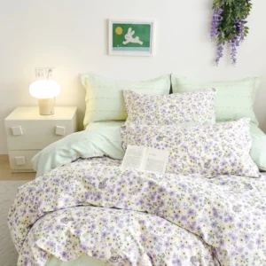 Lenjerie Bumbac 100%, 4 Piese, Pat Dublu, cu Elastic, Floricele-P7876