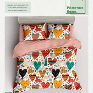 Lenjerie Bumbac 100%, 4 Piese, 1 Persoana, Inimioare/Iepurasi-P7457