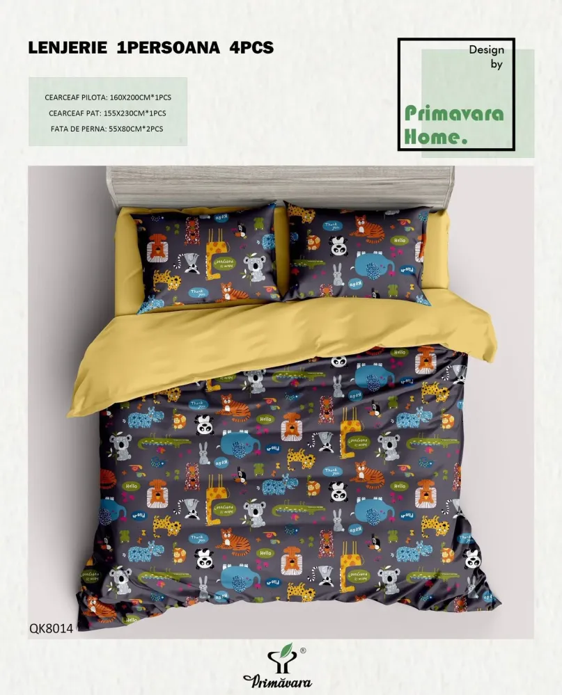 Lenjerie Bumbac 100%, 4 Piese, 1 Persoana, Mini Animalute-P7454