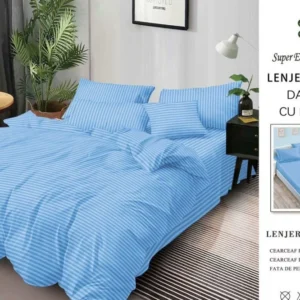 Lenjerie Bumbac Damasc Deluxe, 6 Piese cu Elastic, Bleu-SEP10643