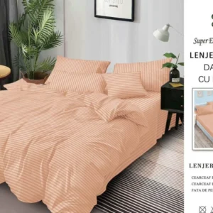 Lenjerie Bumbac Damasc Deluxe, 6 Piese cu Elastic, Portocaliu-SEP10646
