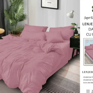 Lenjerie Bumbac Damasc Deluxe, 6 Piese cu Elastic, Roz Inchis-SEP10647