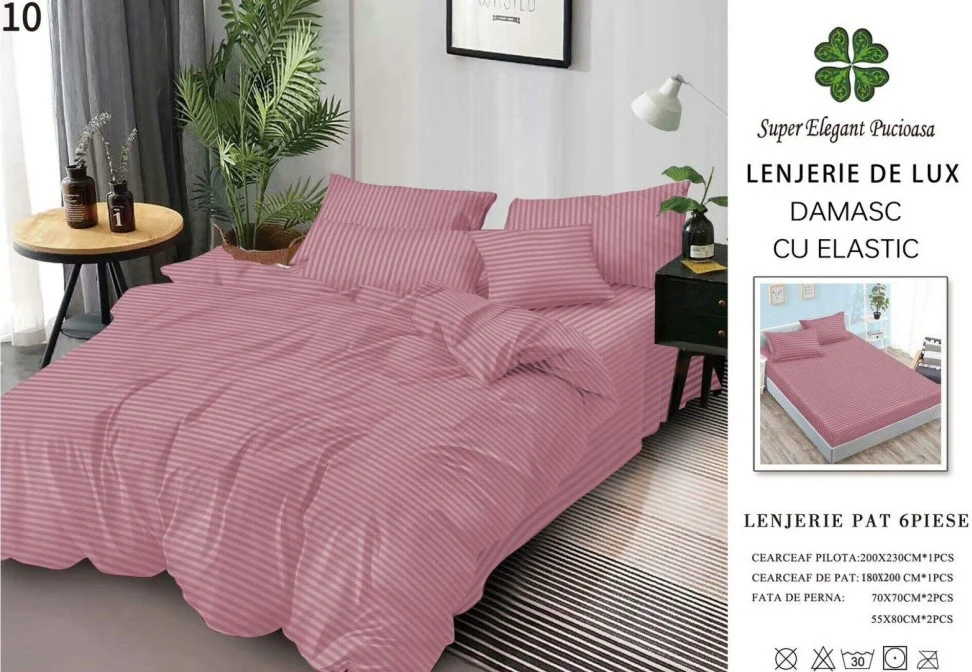 Lenjerie Bumbac Damasc Deluxe, 6 Piese cu Elastic, Roz Inchis-SEP10647