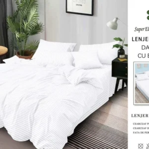 Lenjerie Bumbac Damasc Deluxe, 6 Piese cu Elastic, Alb-SEP10639