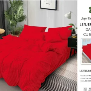 Lenjerie Bumbac Damasc Deluxe, 6 Piese cu Elastic, Rosu-SEP10642
