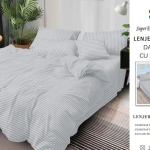 Lenjerie Bumbac Damasc Deluxe, 6 Piese cu Elastic, Gri Deschis-SEP10648