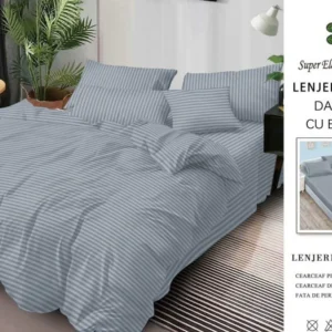 Lenjerie Bumbac Damasc Deluxe, 6 Piese cu Elastic, Gri Inchis-SEP10654