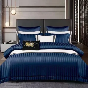 Lenjerie Bumbac Damasc Deluxe, 6 Piese cu Elastic, Bleumarin-V10464