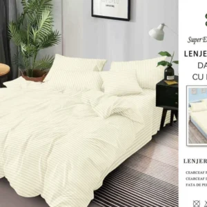 Lenjerie Bumbac Damasc Deluxe, 6 Piese cu Elastic, Crem-SEP10641