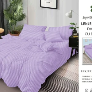 Lenjerie Bumbac Damasc Deluxe, 6 Piese cu Elastic, Lila-SEP10652